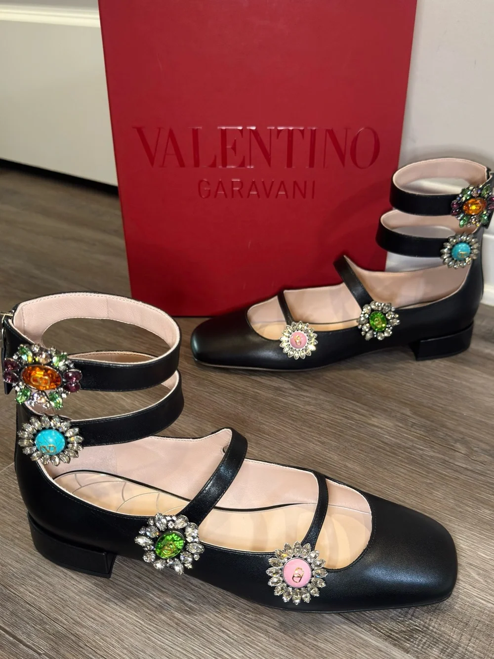 Valentino Garavani Preshoes Jewel Button Logo Ballerina Gladiator Zip Flats - Picture 1 of 16